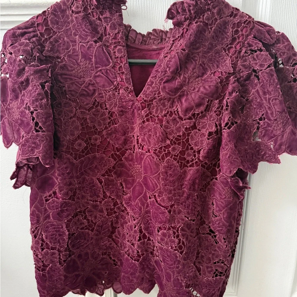 Anthropologie Deep Plum Floral Lace Short Sleeve Top - Picture 2 of 2
